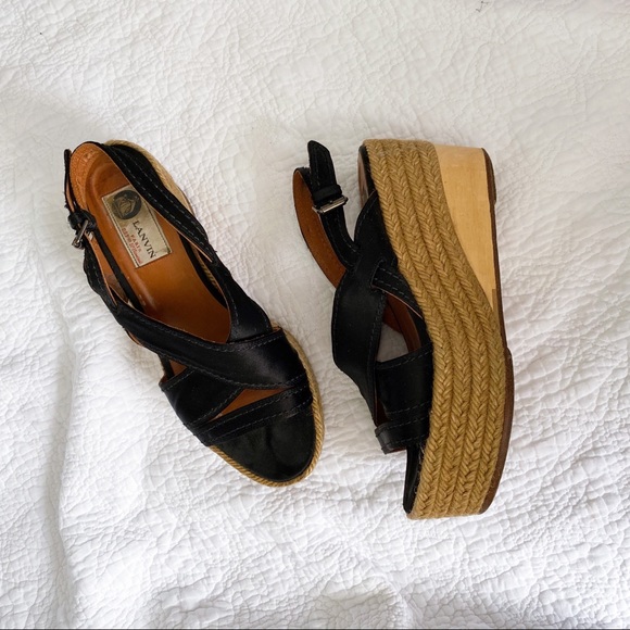 Lanvin Black Satin Platform Espadrilles - Picture 1 of 7